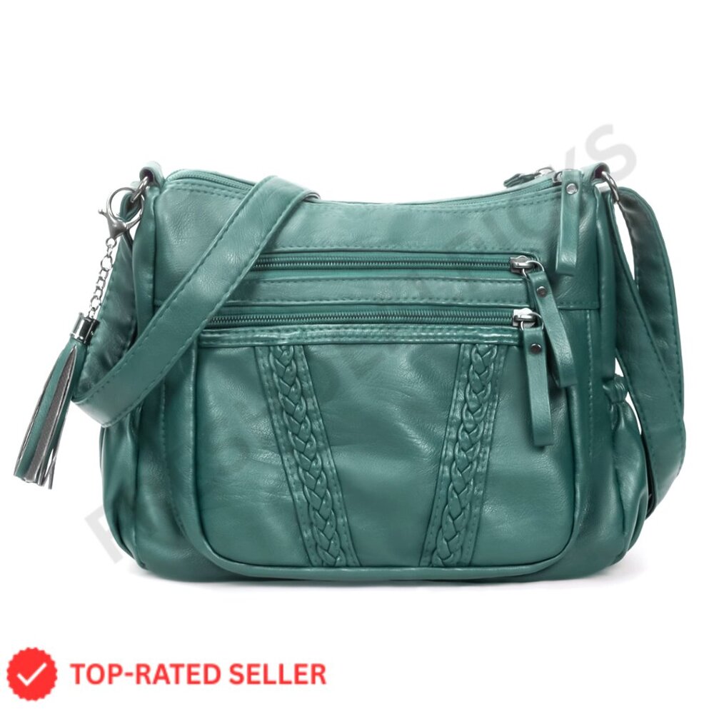 Crossbody Bag with Tassel Soft PU Leather Multiple Pockets Adjustable Strap